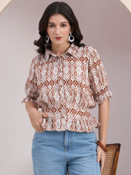 Brown Geometric Button Down Top