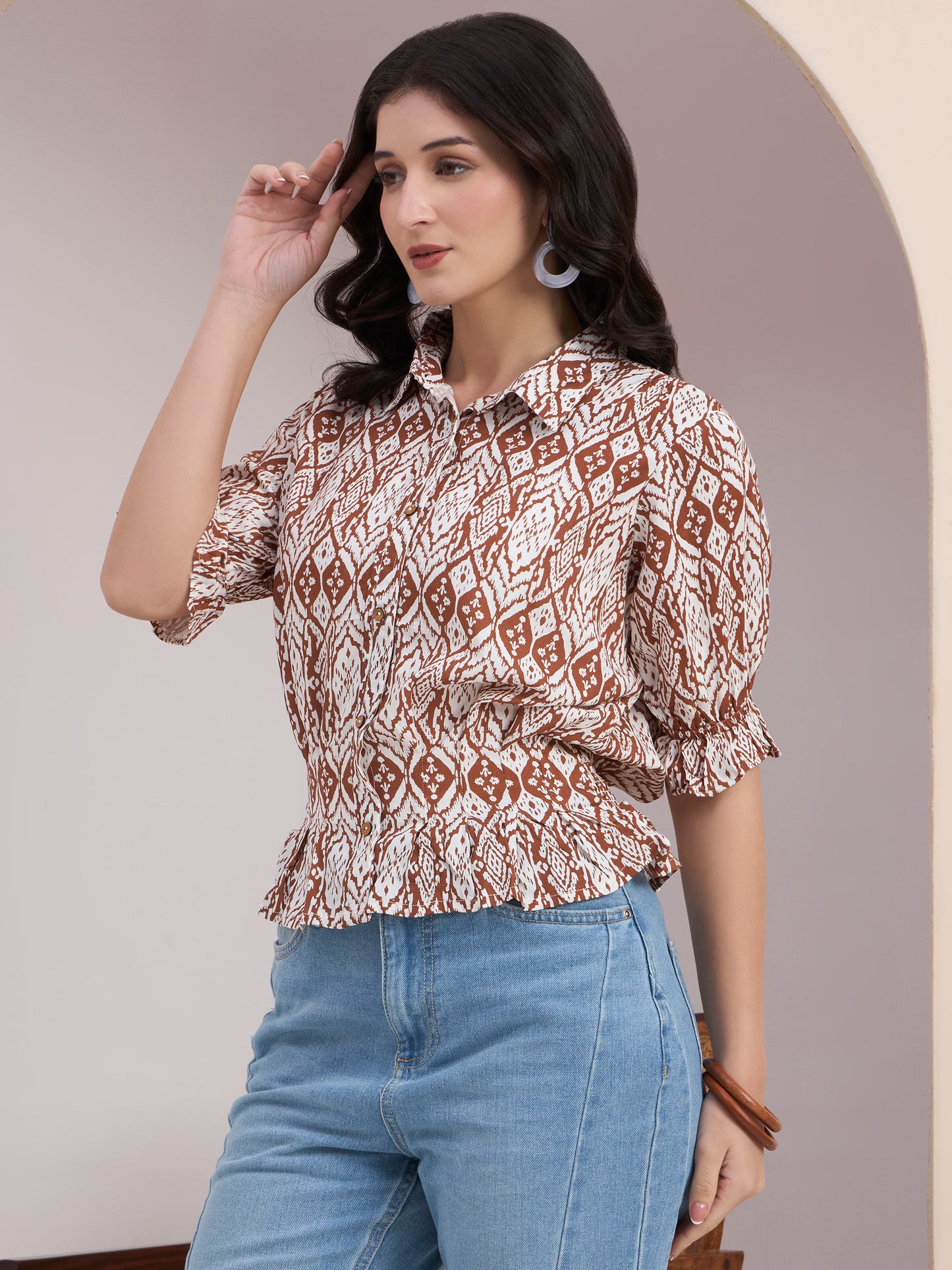 Brown Geometric Button Down Top
