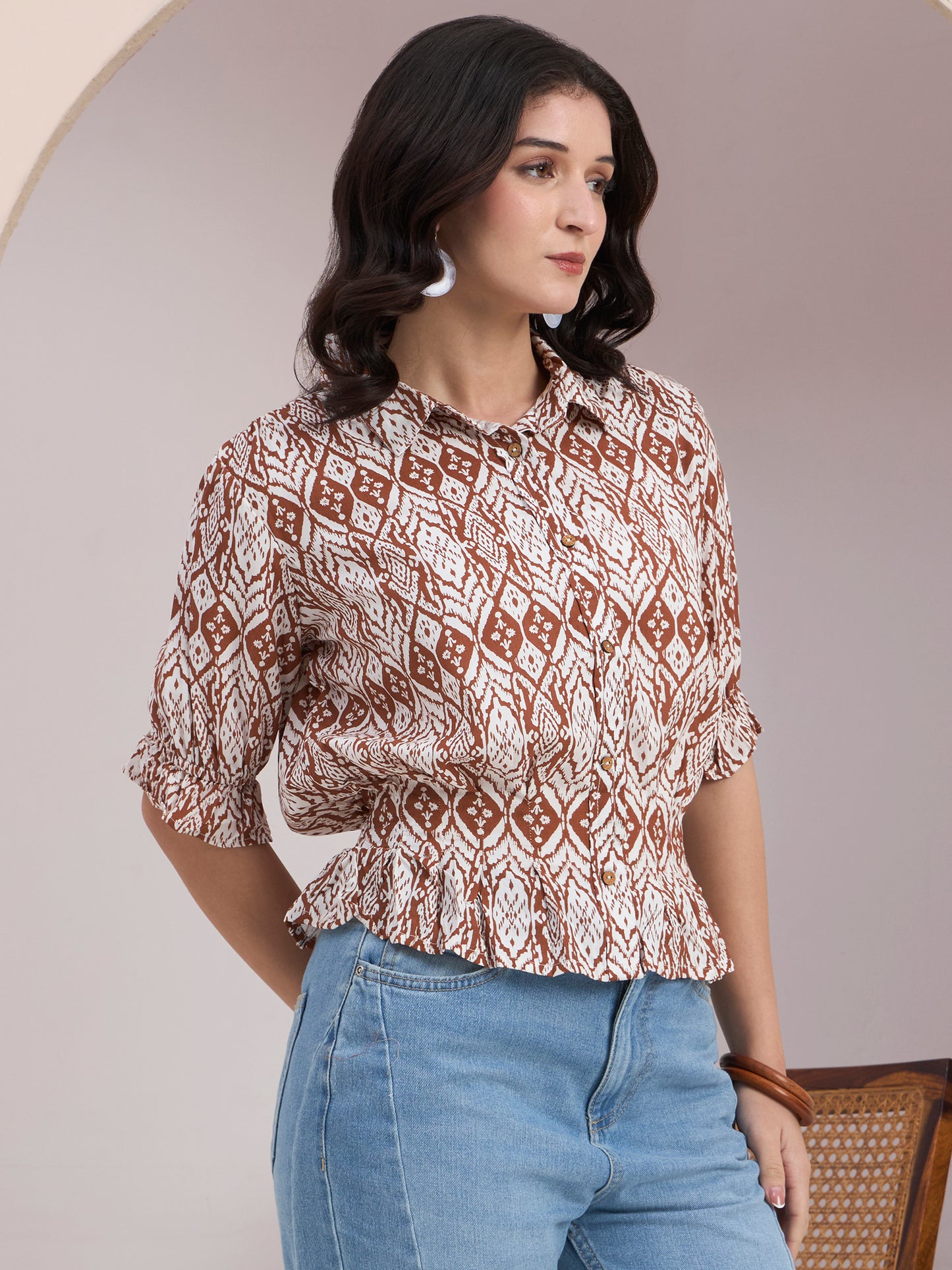 Brown Geometric Button Down Top