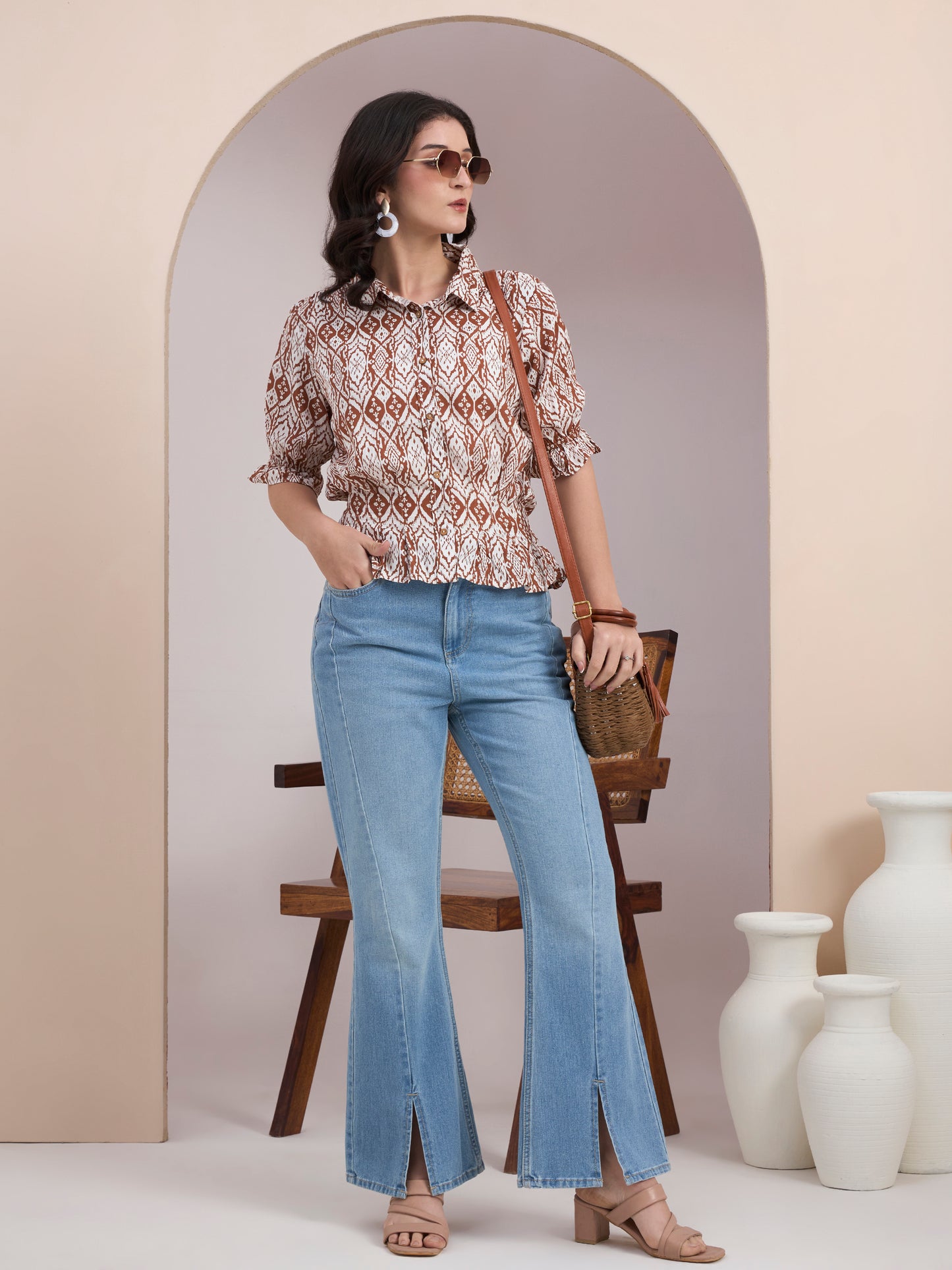 Brown Geometric Button Down Top