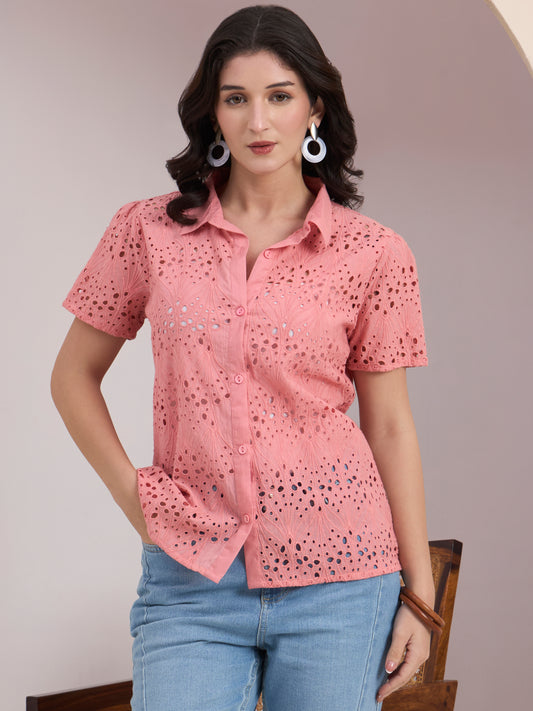 Pink Schiffli Button Down Top