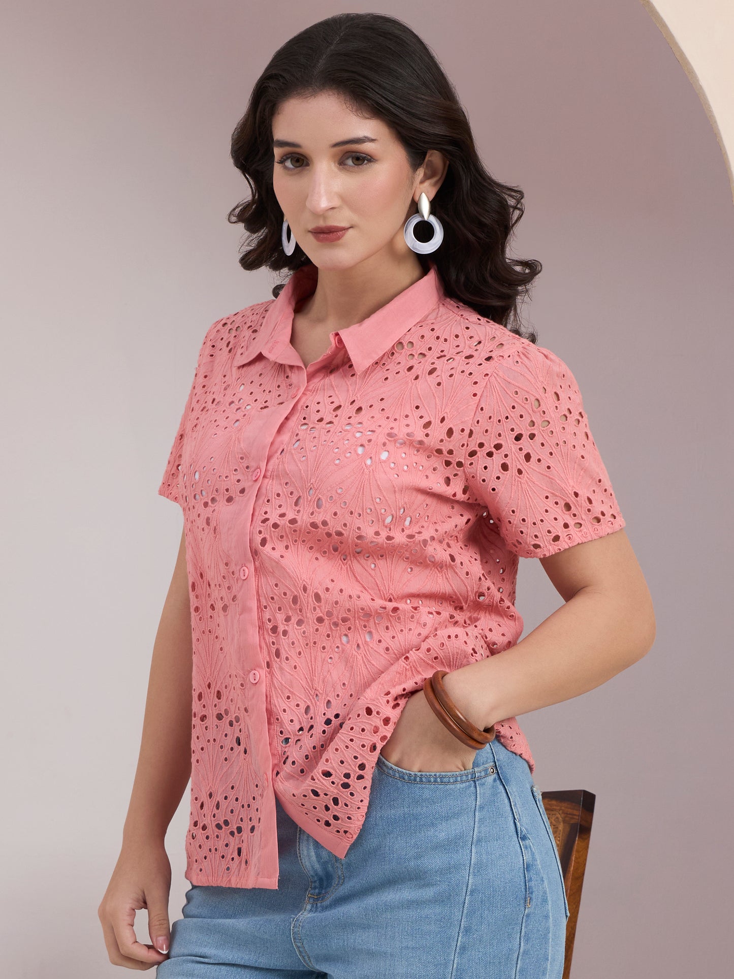 Pink Schiffli Button Down Top