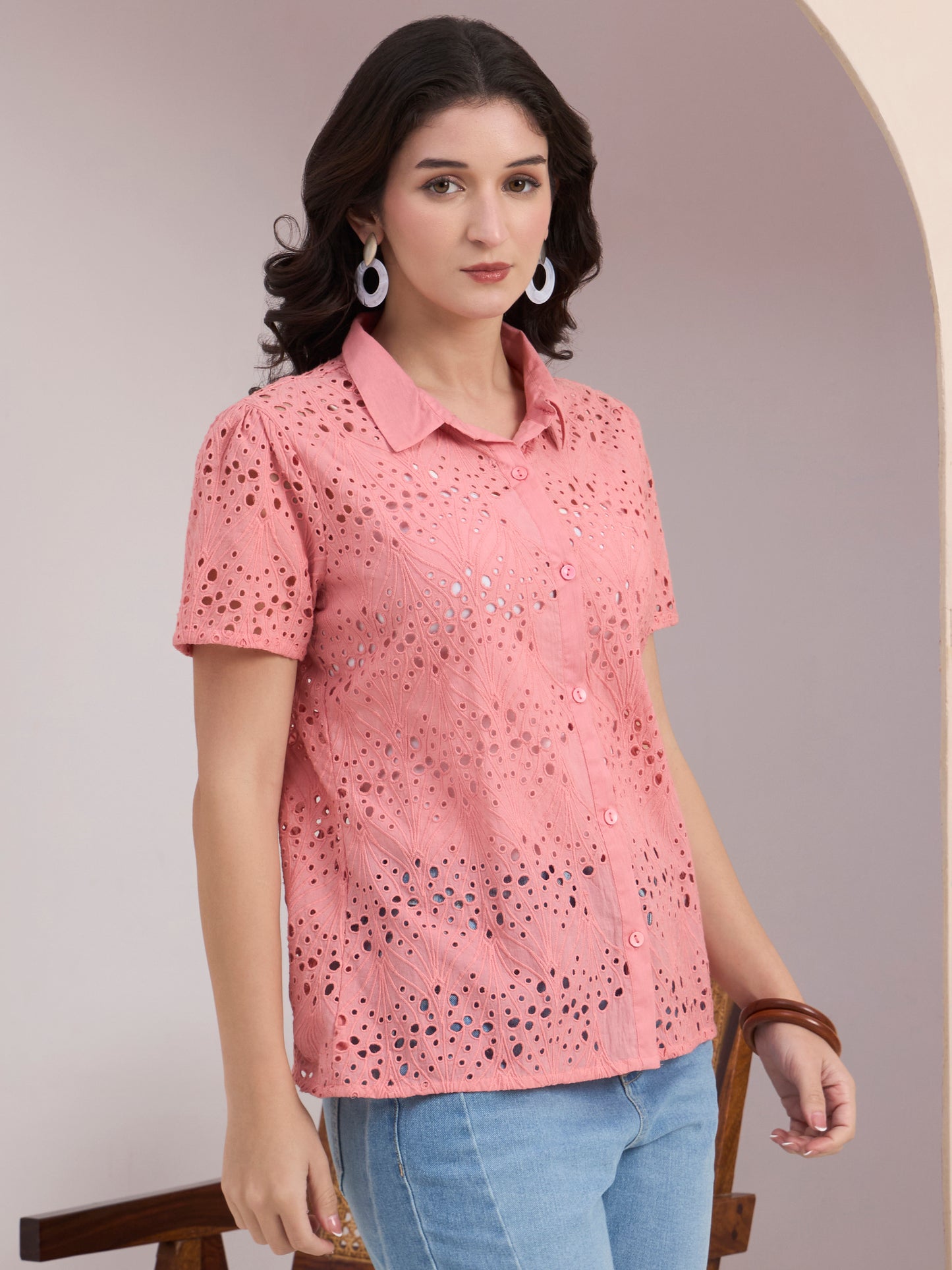 Pink Schiffli Button Down Top