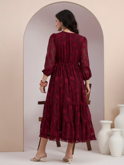 Maroon Jacquard Tier Dress