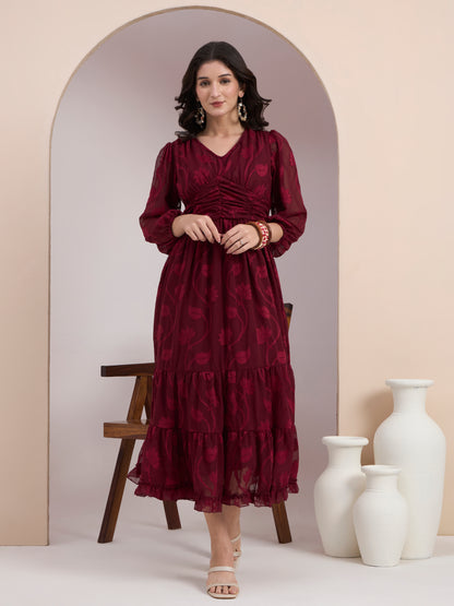 Maroon Jacquard Tier Dress