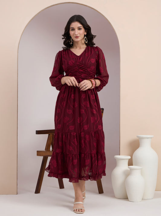 Maroon Jacquard Tier Dress