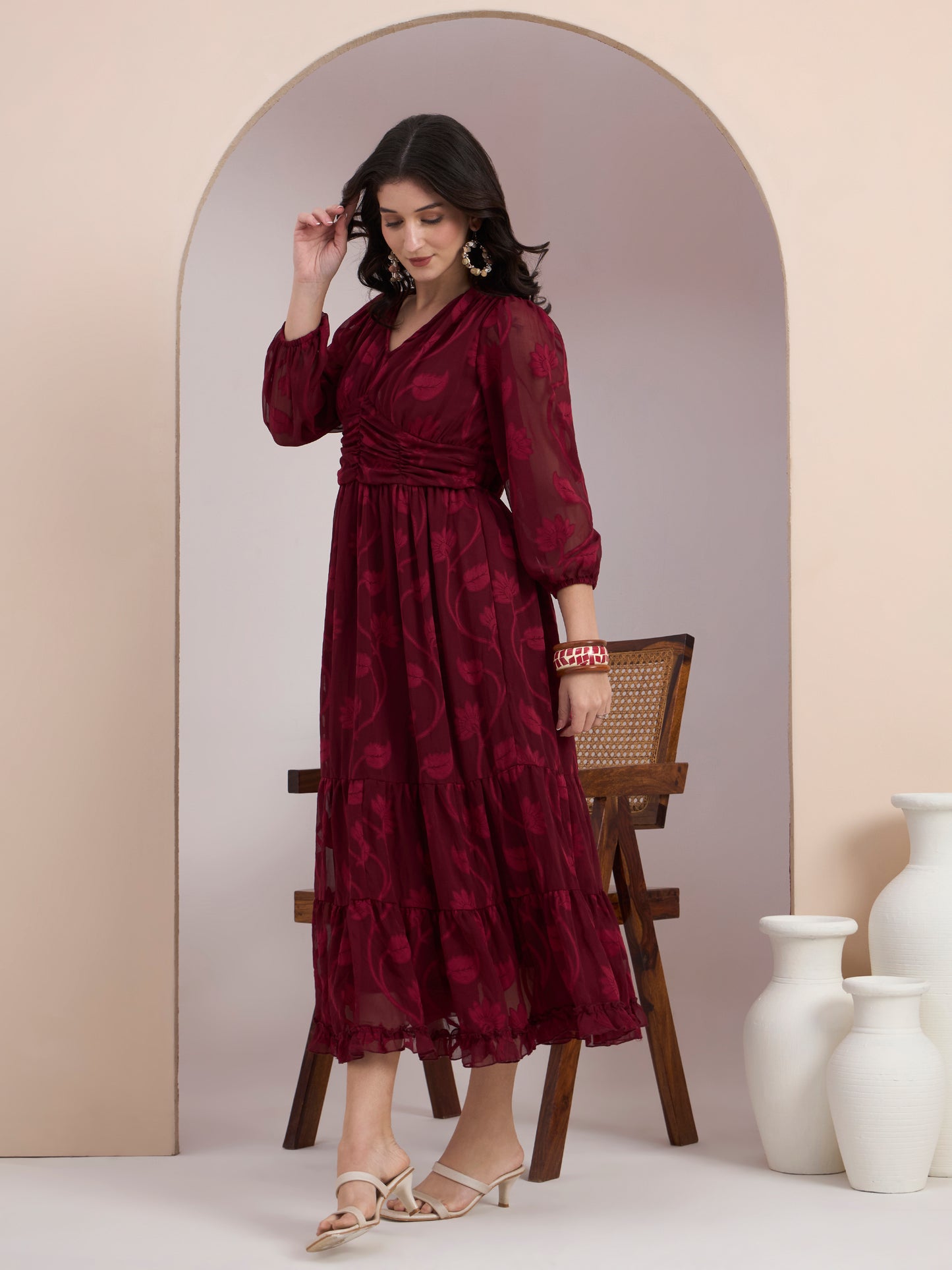 Maroon Jacquard Tier Dress