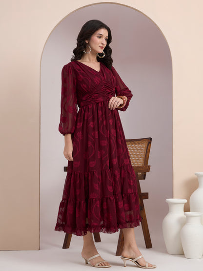 Maroon Jacquard Tier Dress