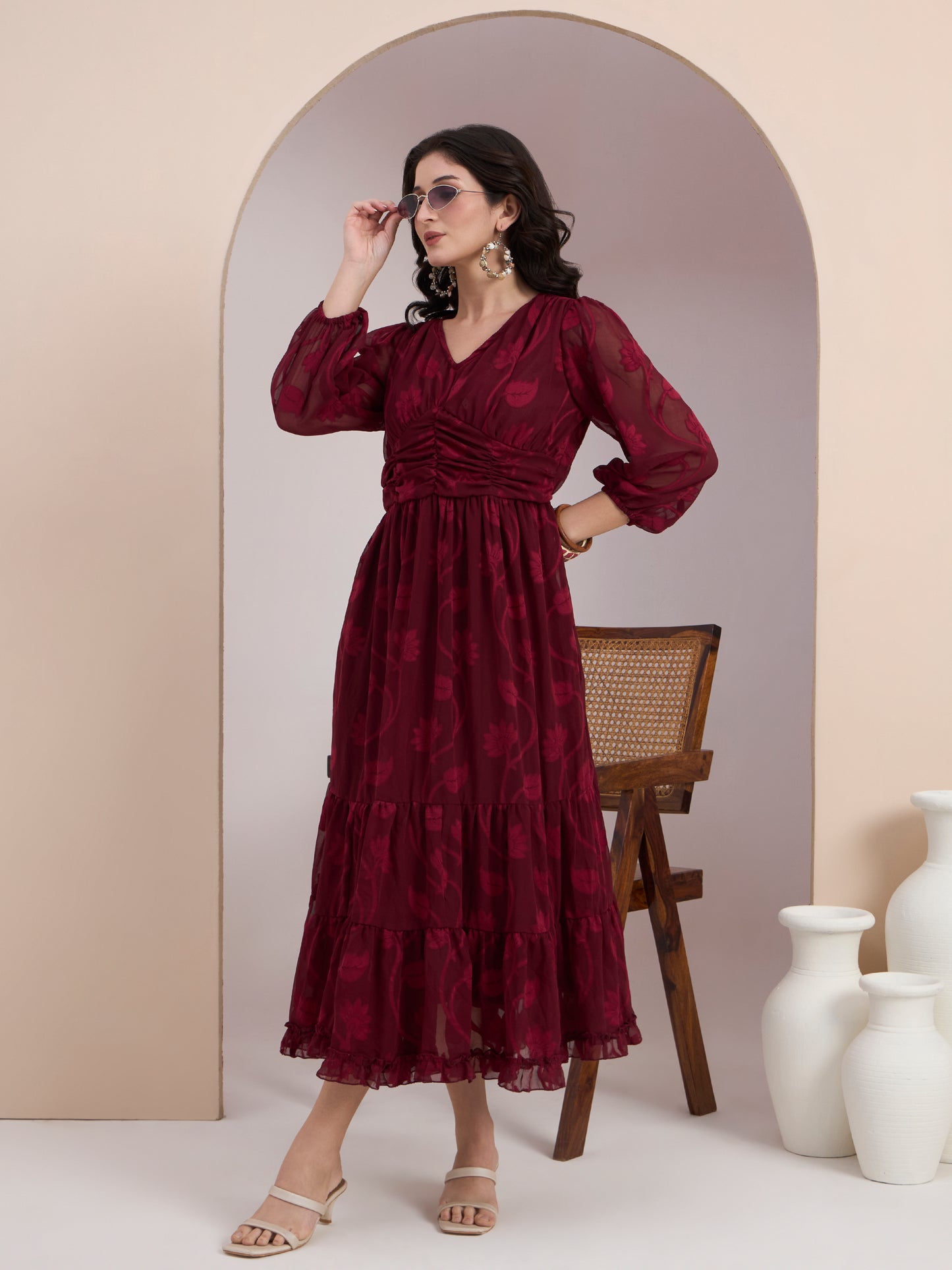 Maroon Jacquard Tier Dress