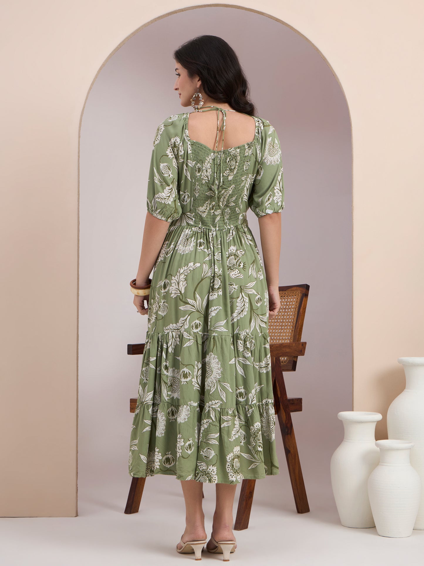 Green Floral Printed Smocked Tier Dress