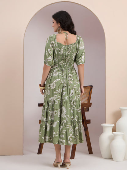 Green Floral Printed Smocked Tier Dress
