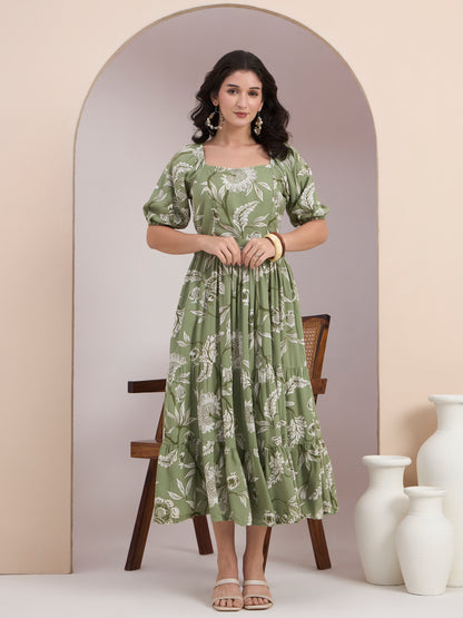 Green Floral Printed Smocked Tier Dress