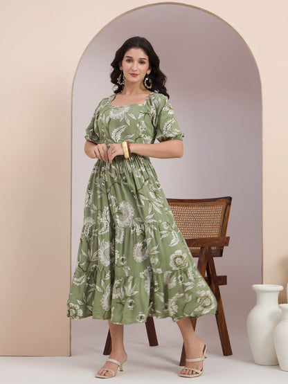 Green Floral Printed Smocked Tier Dress