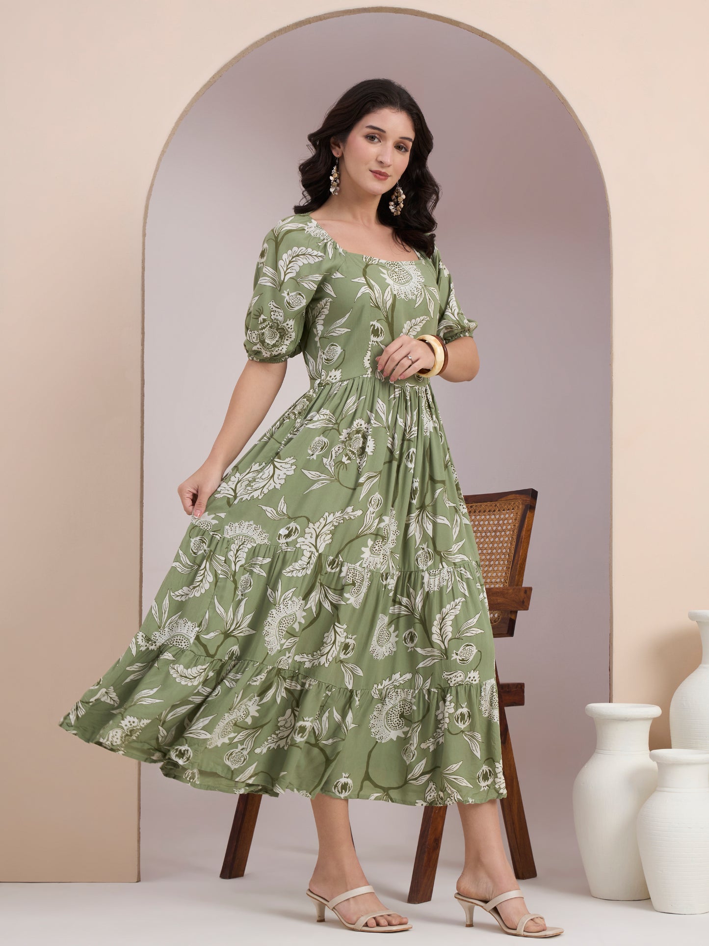 Green Floral Printed Smocked Tier Dress