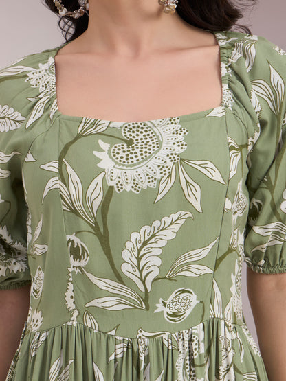 Green Floral Printed Smocked Tier Dress