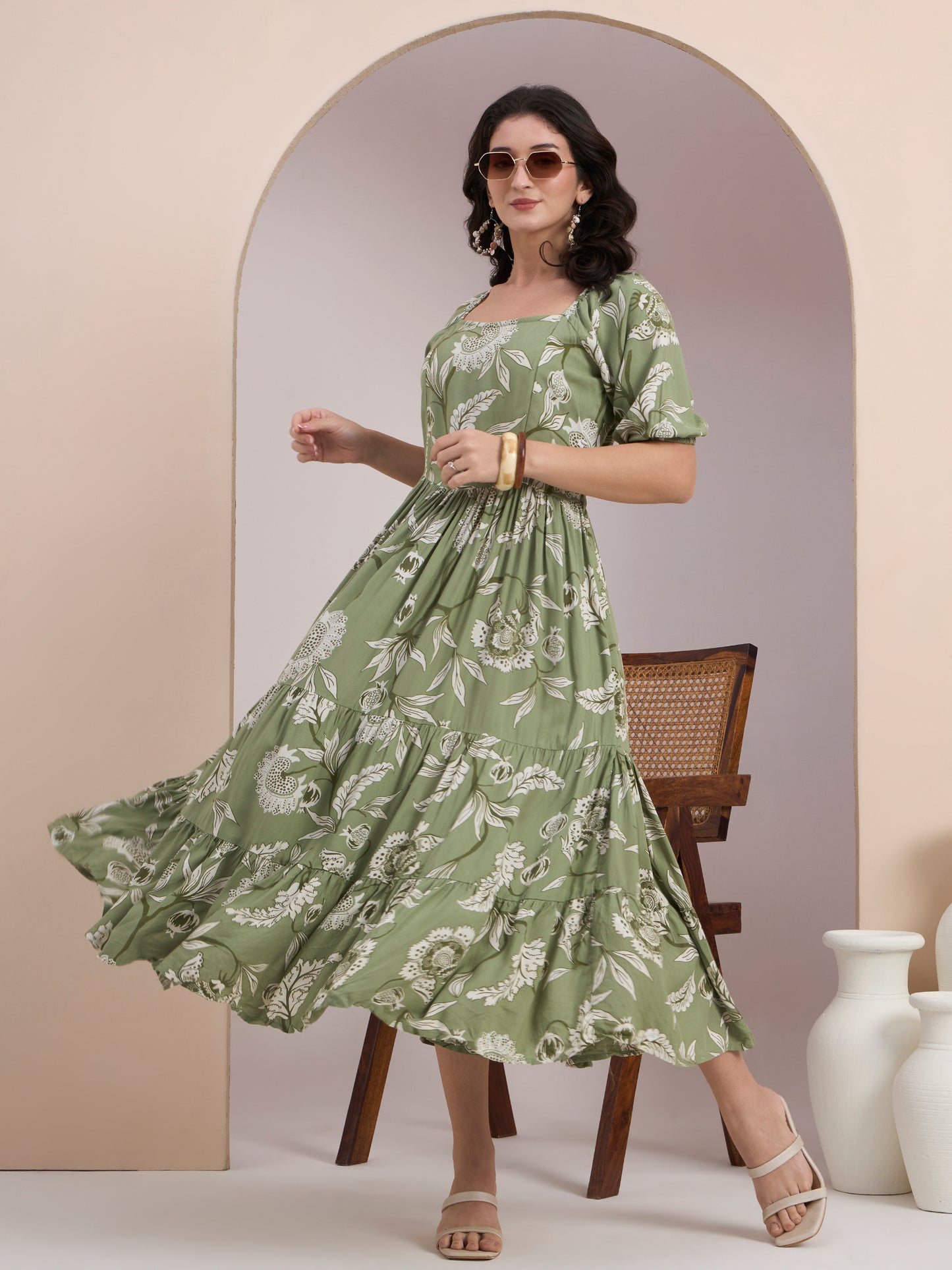 Green Floral Printed Smocked Tier Dress
