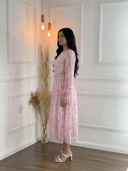 Pink Paisley Printed Long Sleeve Midi Dress