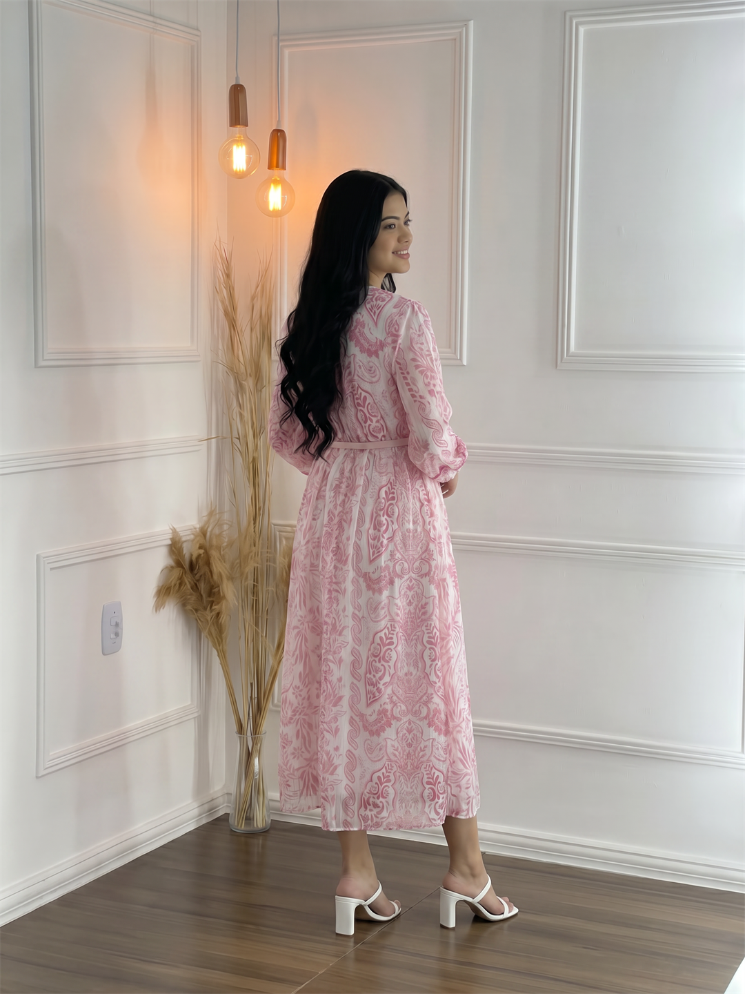 Pink Paisley Printed Long Sleeve Midi Dress