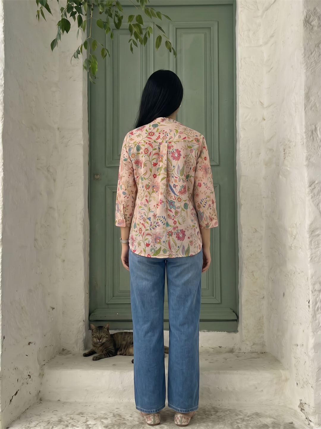 Peach Floral Digital Printed Button Down Top