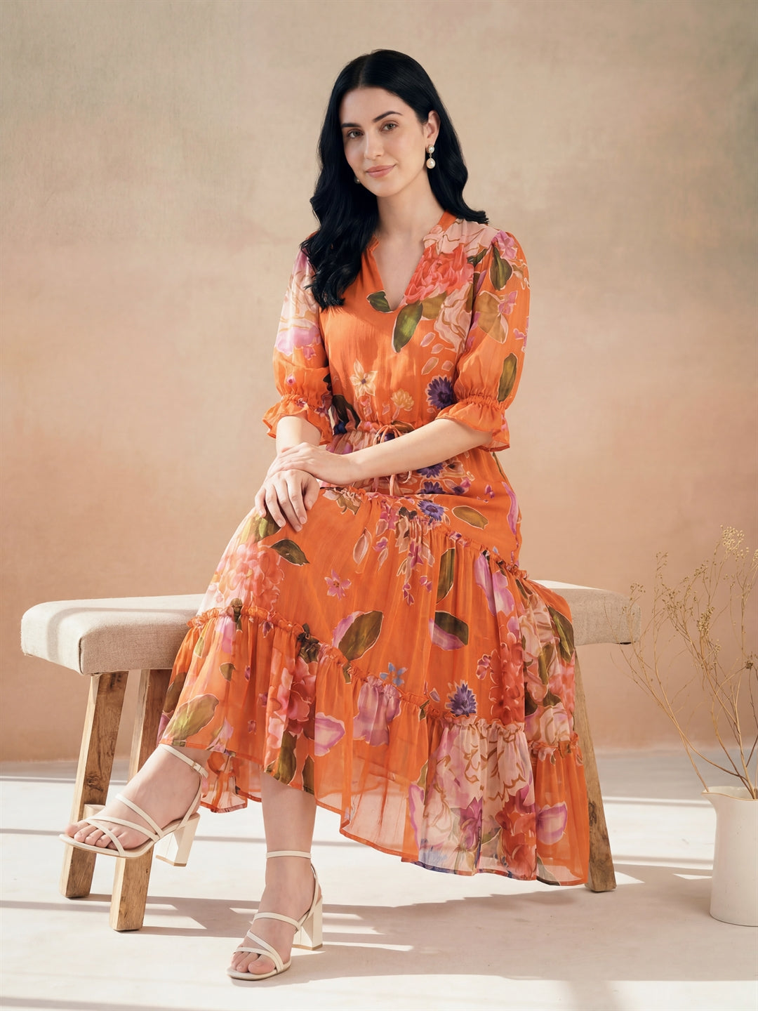 Orange Digital Floral Printed Tiered Dress