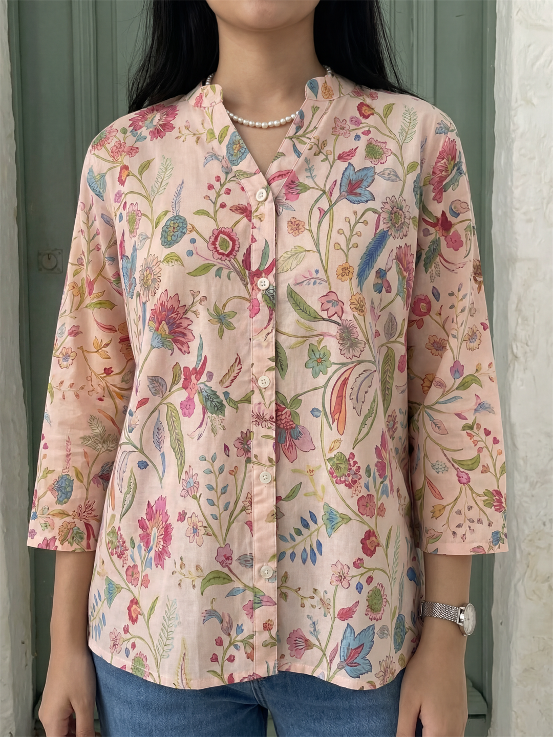 Peach Floral Digital Printed Button Down Top