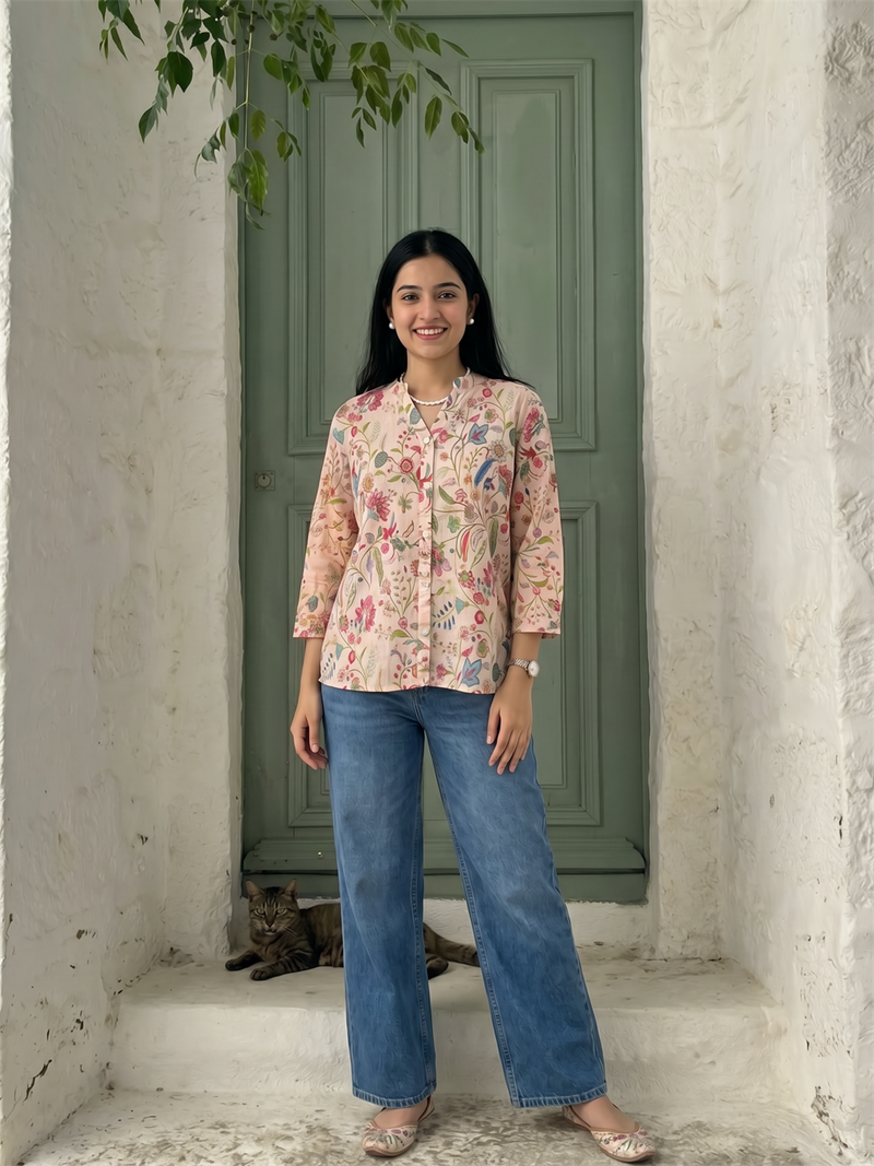 Peach Floral Digital Printed Button Down Top