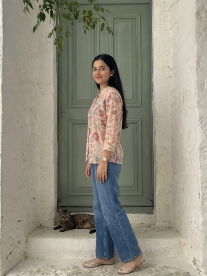 Peach Floral Digital Printed Button Down Top