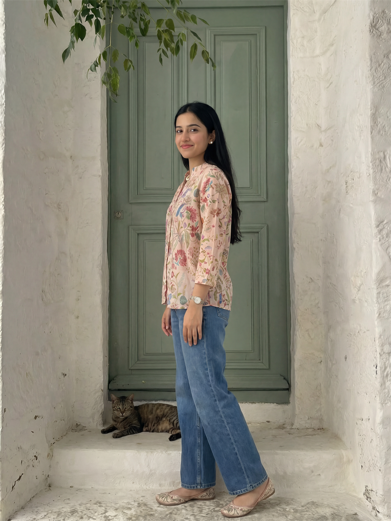 Peach Floral Digital Printed Button Down Top