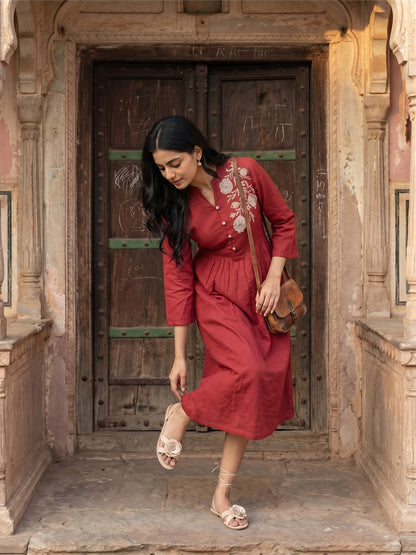 Red Embroidery Midi Dress
