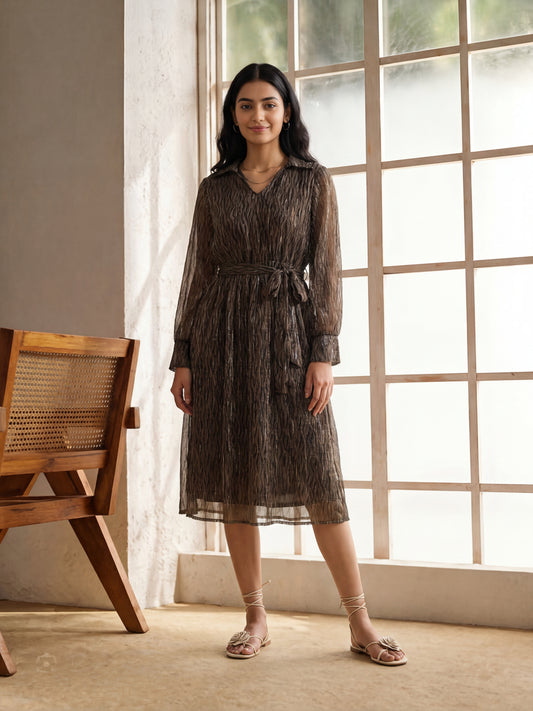 Green Elegant Print Tie-Up Dress