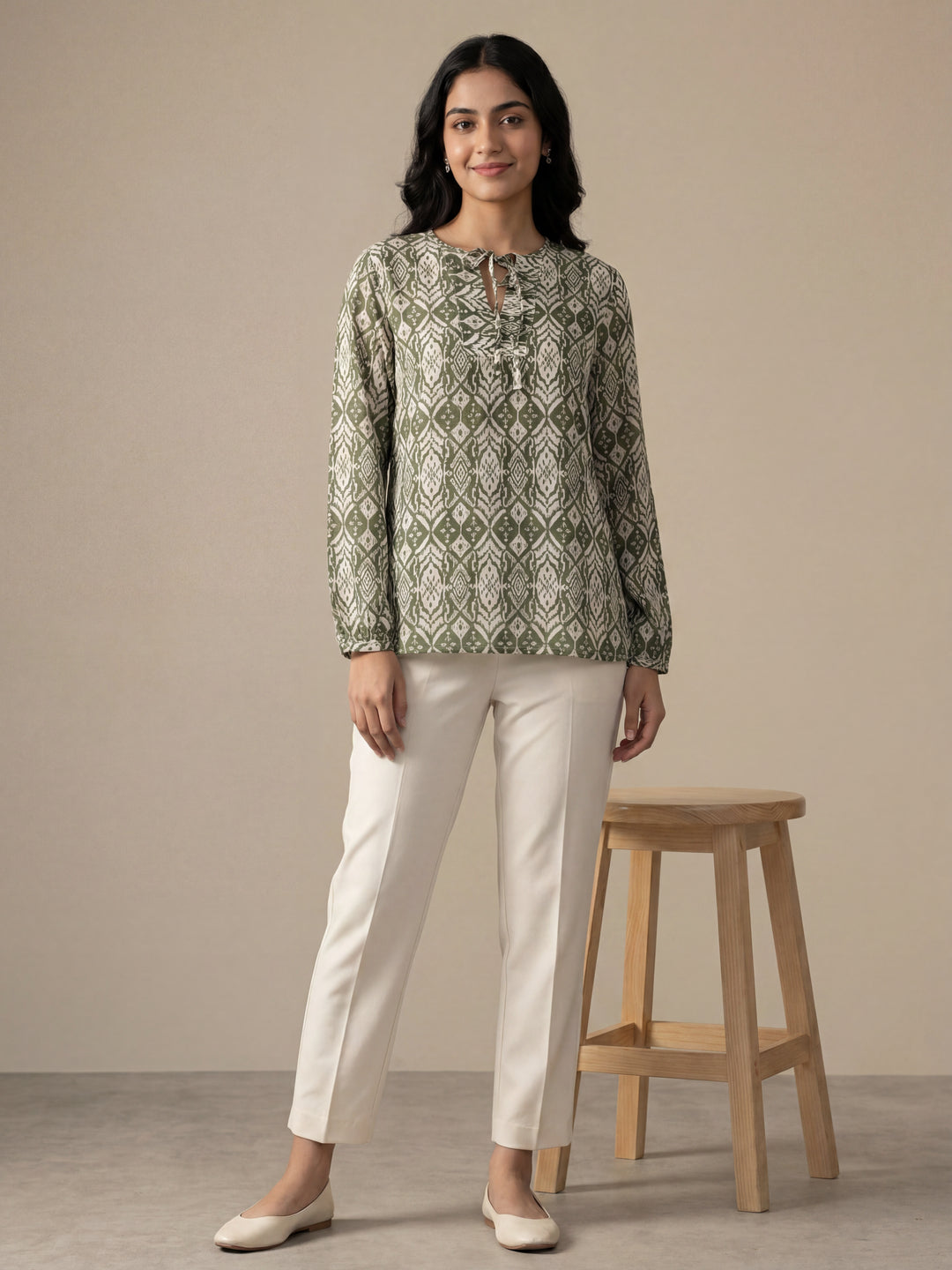 Olive Printed Tie-Up Top
