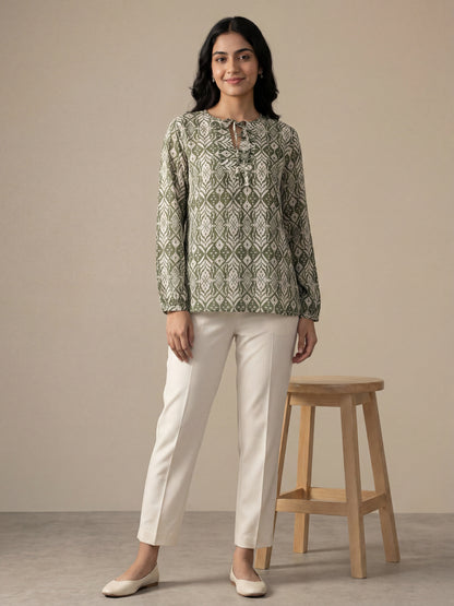 Olive Printed Tie-Up Top