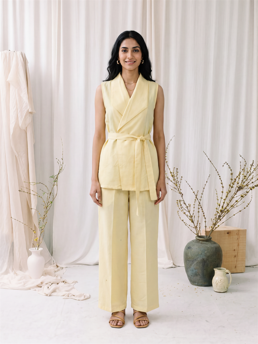 Yellow Belted Sleeveless Co-ord Set