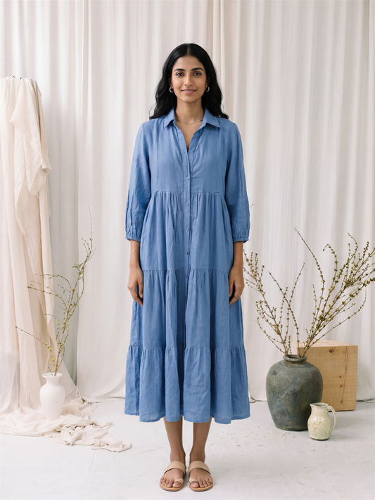 Blue Linen Tiered Midi Dress