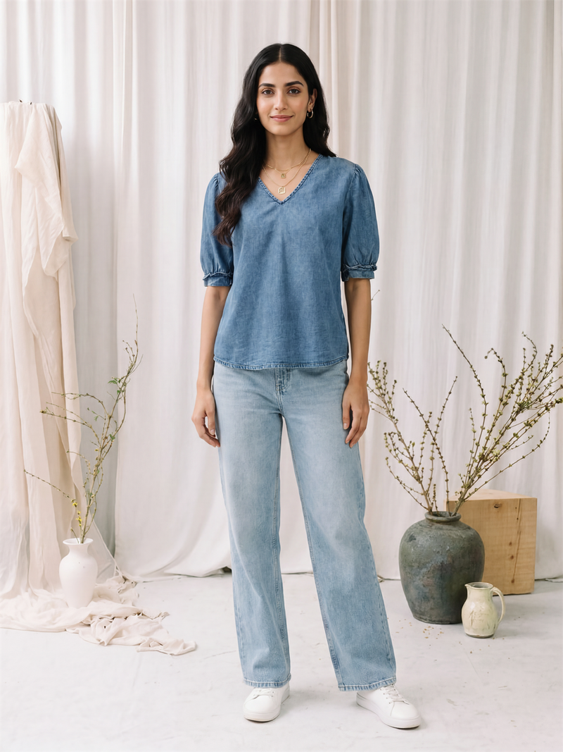 Denim V-Neck Top with Puff Sleeves