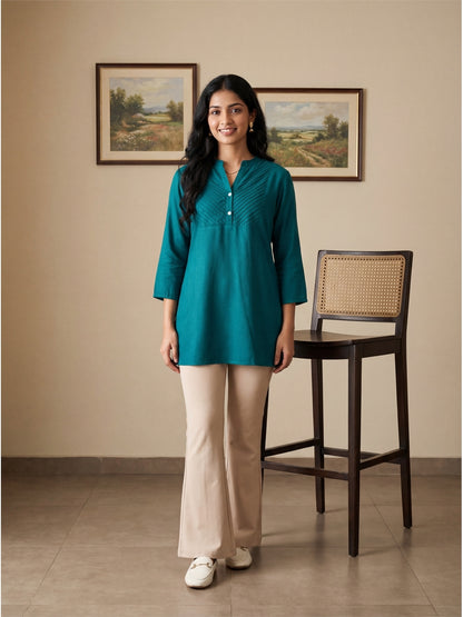 Dark Green Pleated Yoke Viscose Top
