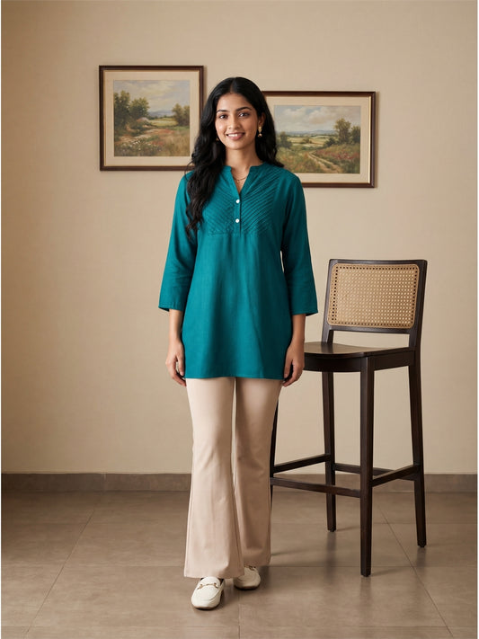 Dark Green Pleated Yoke Viscose Top