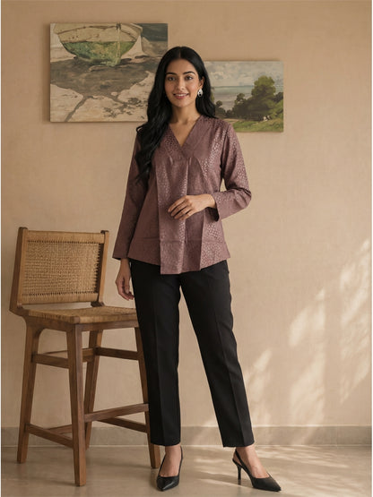 Brown Texture V Neck Top