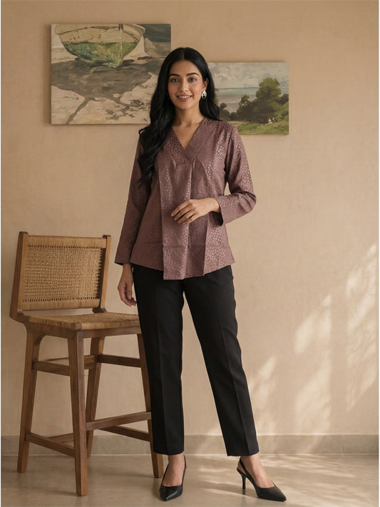 Brown Texture V Neck Top