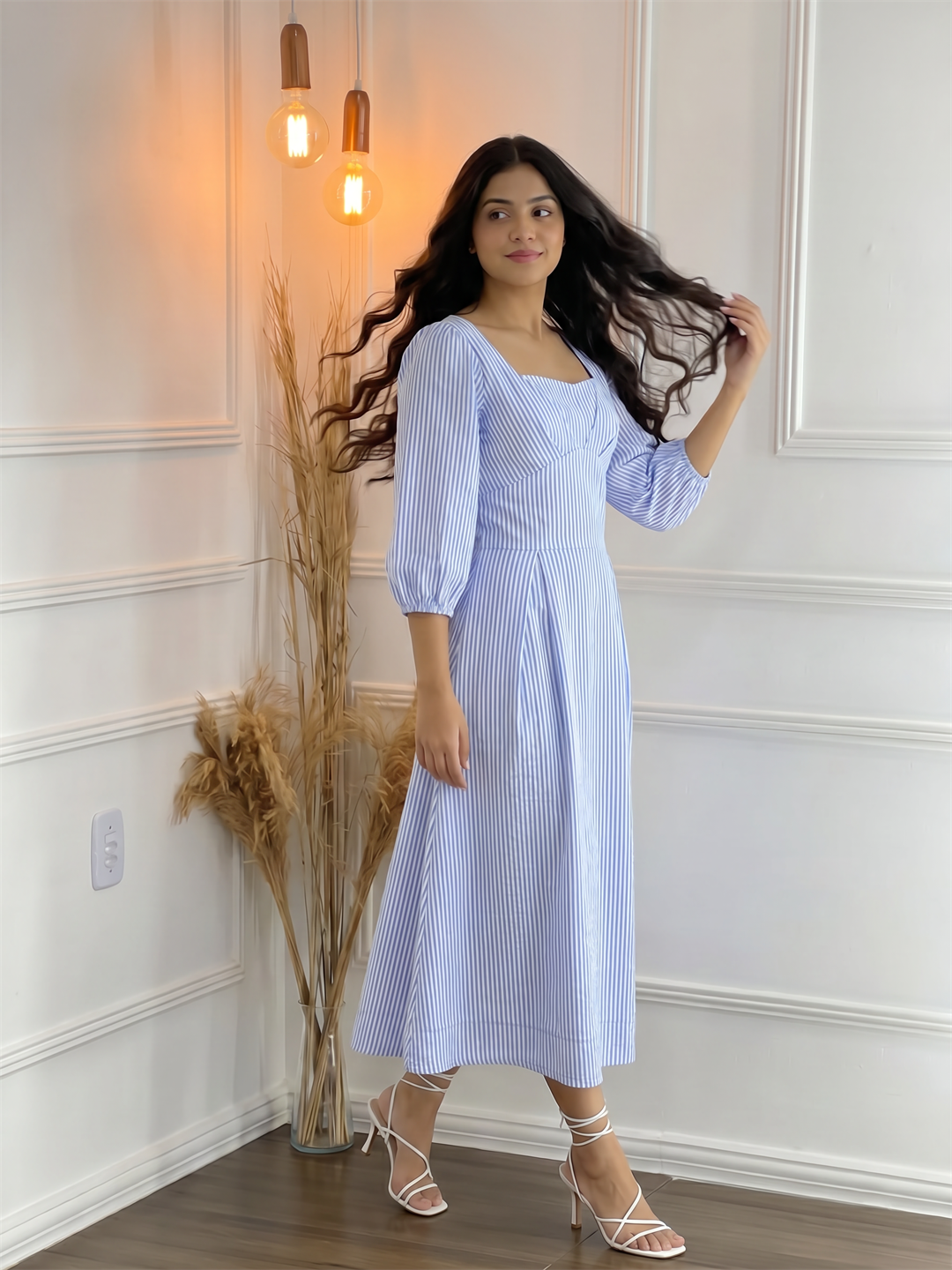 Blue & White Striped Square Neck Midi Dress