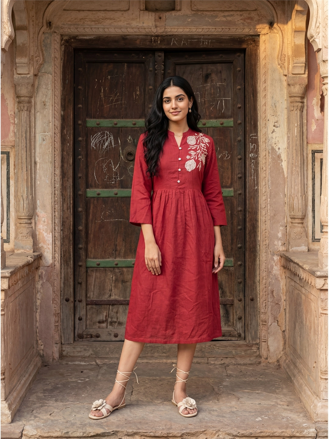 Red Embroidery Midi Dress