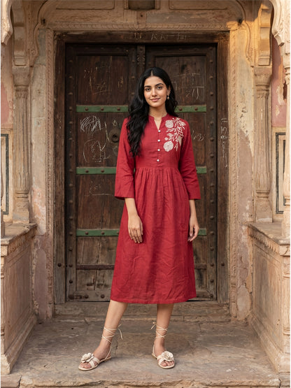Red Embroidery Midi Dress
