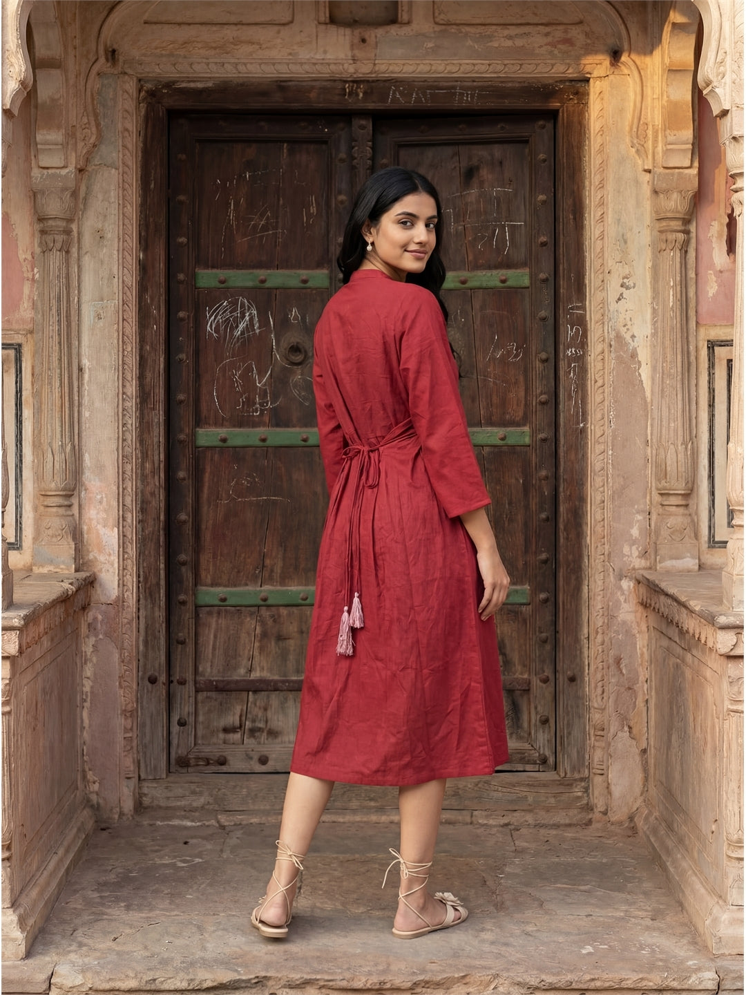 Red Embroidery Midi Dress