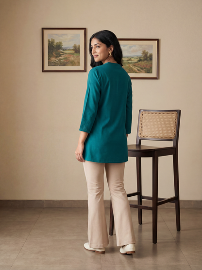 Dark Green Pleated Yoke Viscose Top