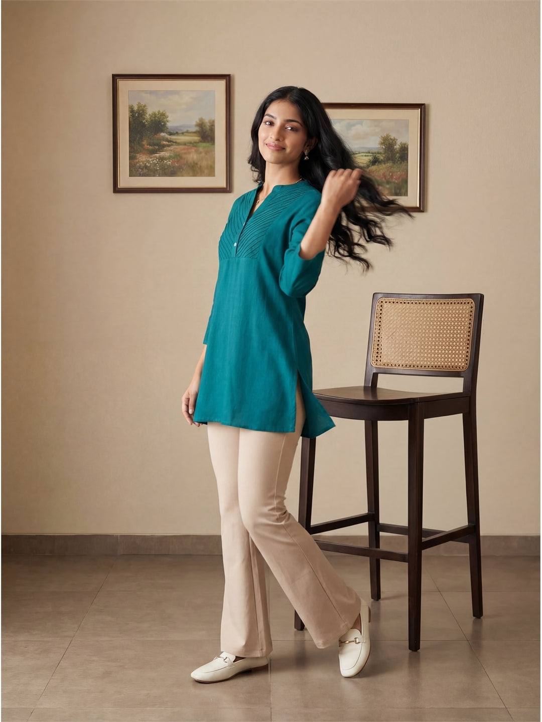 Dark Green Pleated Yoke Viscose Top