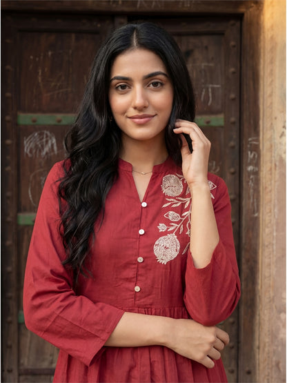 Red Embroidery Midi Dress