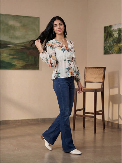 White Floral Peplum Top
