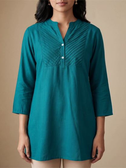 Dark Green Pleated Yoke Viscose Top