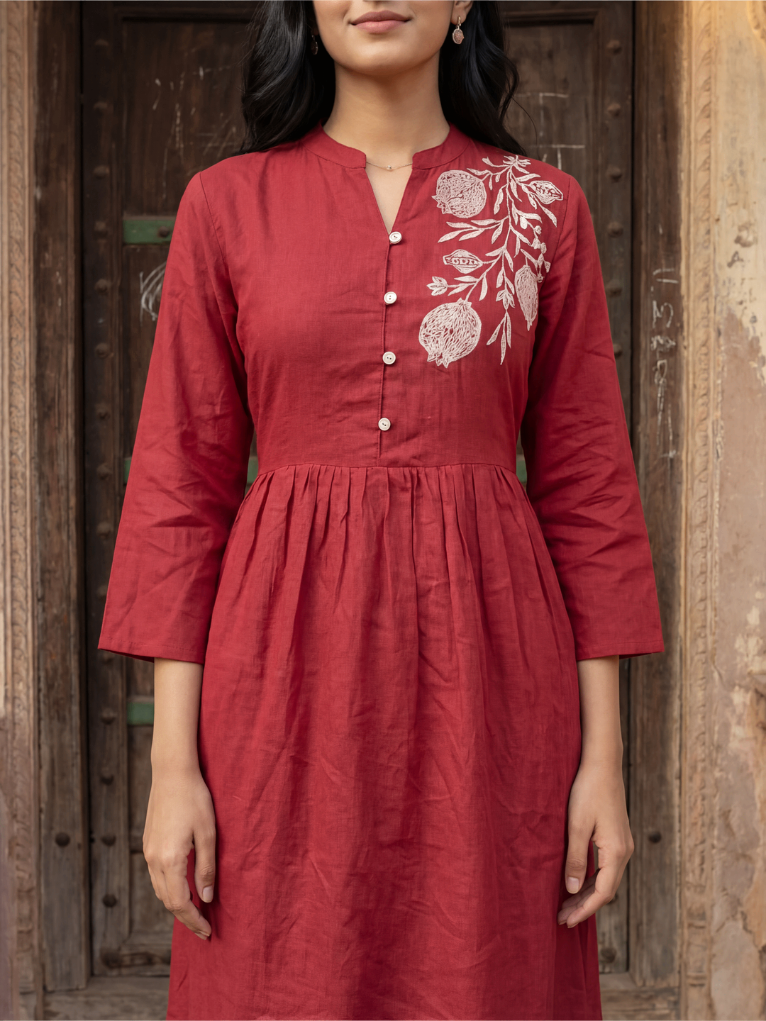 Red Embroidery Midi Dress