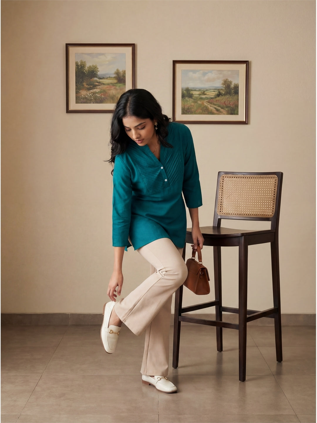 Dark Green Pleated Yoke Viscose Top